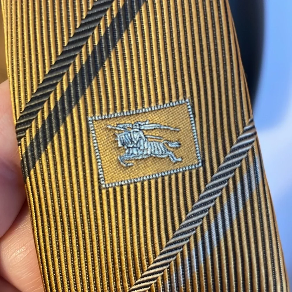 Burberry London Gold Yellow Striped and Logo Silk Necktie Tie